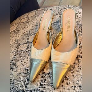 CHANEL Silver and Cream Heels